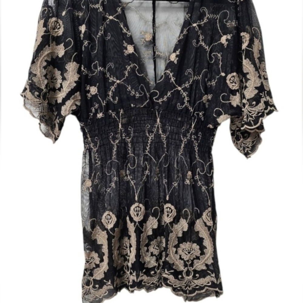 NY Collection Y2K Style Black Sheer Tan Embroidered Lightweight Top
